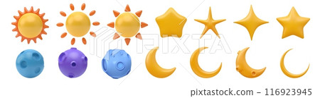3d sun, moon and star, crescent. Night, day cloud cartoon icons, light shape of nature sky, sunny weather elements. Forecast meteorology objects. Vector simple isolated render cute cartoon set 116923945