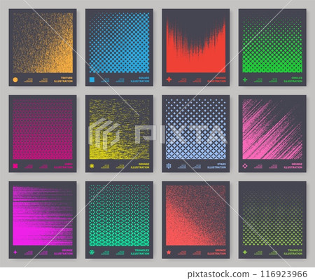 Wave pattern. Abstract gradient background. Curve tech transition for dynamic design. Halftone print. Gradient square shapes. Spray effect. Vector graphic color gradation textures set 116923966