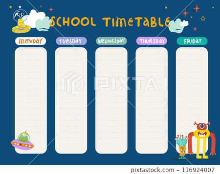 Template for school class schedule with images of flying saucer stars and funny monsters  116924007