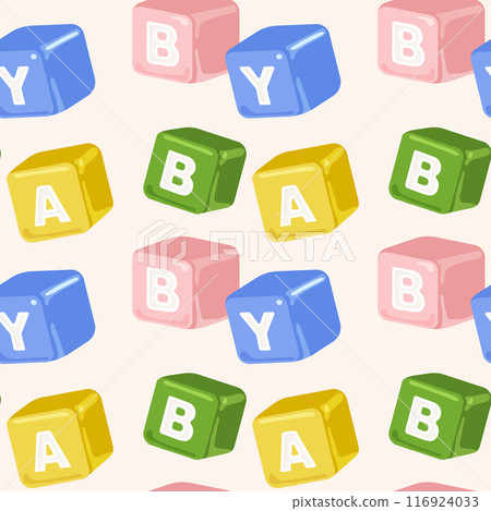 Seamless pattern with wooden cubes composed of the words baby, color vector illustration. Seamless pattern with wooden cubes composed of the words baby, color vector illustration. 116924033