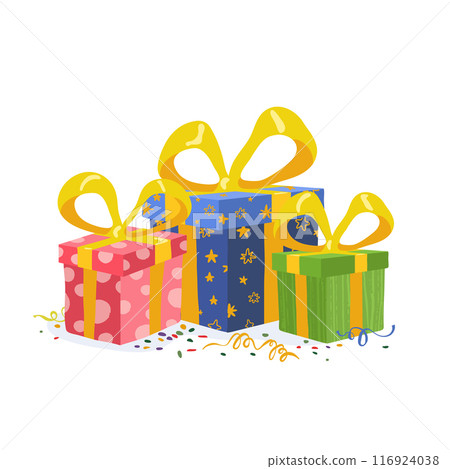 Vector holiday present boxes, silk ribbon bows on white background. Vector illustration Vector holiday present boxes, silk ribbon bows on white background. Vector illustration 116924038