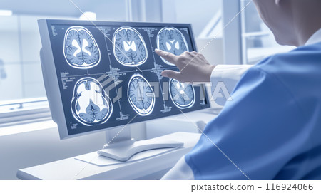 "A Doctor's Viewpoint: A Back Shot of a Doctor Examining a Brain MRI Image." 116924066