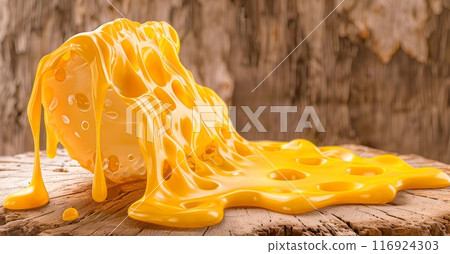 A large wedge of melting cheese, oozing and dripping with a smooth, golden texture, rests on a rustic wooden surface. A large wedge of melting cheese, oozing and dripping with a smooth, golden texture, rests on a rustic wooden surface. 116924303