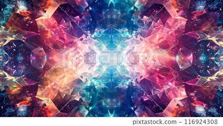 A kaleidoscopic vision of vibrant, crystalline structures shimmers with cosmic energy, radiating a spectrum of colors against a backdrop of deep space. 116924308