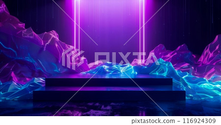 Neon purple lights illuminate a dark, futuristic stage with a reflective floor and abstract, flowing blue and purple fabric mountains. 116924309