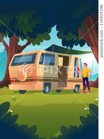 Man wipe with cloth window of camper van in forest Man wipe with cloth window of camper van in forest 116924396
