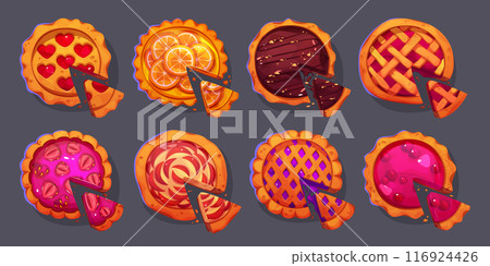 Cut round tart with triangle piece and crumbles. 116924426