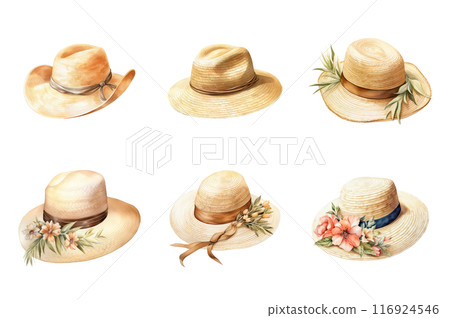 Straw Hat Collection Bundle Set Isolated on a Transparent Background 116924546