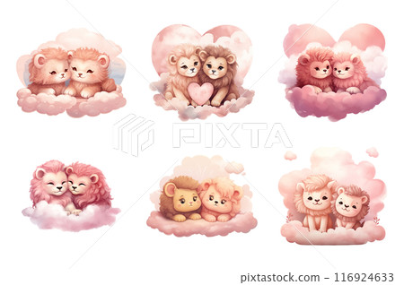 Cute Couple Lion Collection Bundle Set Isolated on a Transparent Background 116924633