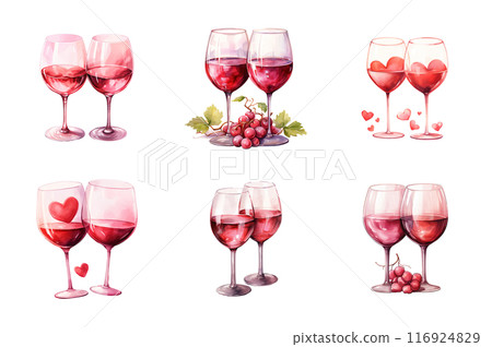 Valentine Wine Glasses Collection Bundle Set Isolated on a Transparent Background 116924829