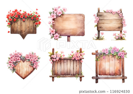Romantic Wood Signs Collection Bundle Set Isolated on a Transparent Background 116924830