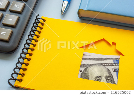 Cut out outline of house and money. Depreciation or mortgage payment. 116925002