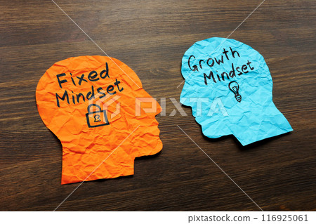 Abstract paper heads with inscriptions Fixed and growth mindset. Abstract paper heads with inscriptions Fixed and growth mindset. 116925061