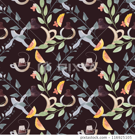 Herb tea. Melissa, mint, glassware, leaves and lemon slices. Seamless watercolor pattern for fabric, wallpaper, wrapping paper, packaging cosmetics, tablecloths, curtains and home textiles. 116925105