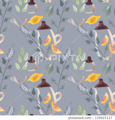 Herb tea. Melissa, mint, glassware, leaves and lemon slices. Seamless watercolor pattern for fabric, wallpaper, wrapping paper, packaging cosmetics, tablecloths, curtains and home textiles. 116925117
