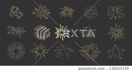Set gold fireworks, firecrackers golden burst, rays festive doodle sparkle lights isolated on dark background.Celebration, Party Icon, Anniversary, New Year Eve, independence 116925150