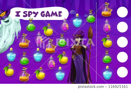 Halloween kids I spy game with witch magic potion bottles. Kids counting quiz, object finding funny vector playing activity worksheet with witch and ghost cartoon characters, magic potion flask Halloween kids I spy game with witch magic potion bottles. Kids counting quiz, object finding funny vector playing activity worksheet with witch and ghost cartoon characters, magic potion flask 116925161
