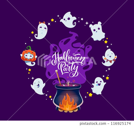 Halloween party banner, cute kawaii ghosts with witch potion cauldron. Vector holiday greeting card with cute cartoon spirits conjure magic by a bubbling pot. Apparitions swirl around the mystic brew 116925174
