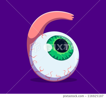 Halloween font, number 6 six as eye of scary zombie for horror alphabet, vector cartoon type. Halloween font or spooky ABC number Six in shape of undead monster eye for trick or treat type or typeface Halloween font, number 6 six as eye of scary zombie for horror alphabet, vector cartoon type. Halloween font or spooky ABC number Six in shape of undead monster eye for trick or treat type or typeface 116925187
