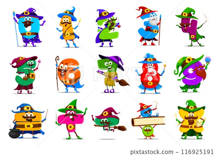 Cartoon Halloween math number wizard, witch and mage characters. Vector zero, one or two, three and four, five, six, seven, eight and nine. Equation, plus and minus, multiplication, division mages 116925191