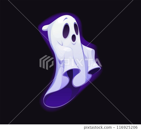 Cartoon Halloween ghost character, scary spooky personage, horror evil monster. Isolated vector spook, white specter floating with sad facial expression. Creepy scary bogey yell with raised hands 116925206