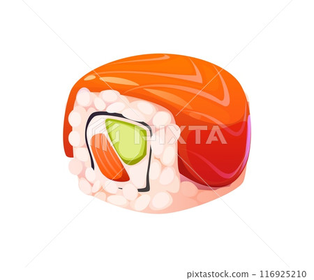 Cartoon Japanese uramaki sushi roll wrapped in rice layer, topped with a slice of fresh salmon, filled with cream cheese, cucumber, fish and small piece of seaweed. Vector traditional japan delicacy Cartoon Japanese uramaki sushi roll wrapped in rice layer, topped with a slice of fresh salmon, filled with cream cheese, cucumber, fish and small piece of seaweed. Vector traditional japan delicacy 116925210