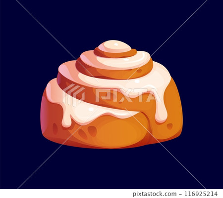 Cartoon cinnamon roll confectionery and sweet pastry made from a yeast-leavened dough, rolled up with a cinnamon-sugar filling, dripping over its golden brown spirals. Vector warm, gooey dessert treat Cartoon cinnamon roll confectionery and sweet pastry made from a yeast-leavened dough, rolled up with a cinnamon-sugar filling, dripping over its golden brown spirals. Vector warm, gooey dessert treat 116925214