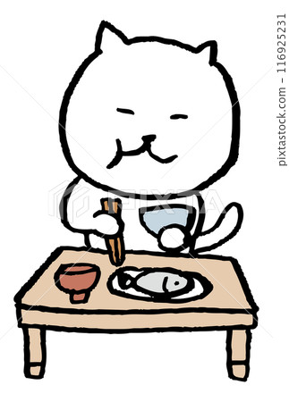 The daily life of a cute white cat character with narrow eyes 116925231