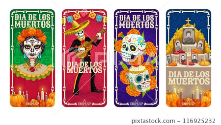 Social media history screen template for Mexican day of the dead dia de los muertos Vector banners with holiday characters Catrina, calavera sugar skulls, mariachi skeleton, altar and marigold flowers Social media history screen template for Mexican day of the dead dia de los muertos Vector banners with holiday characters Catrina, calavera sugar skulls, mariachi skeleton, altar and marigold flowers 116925232