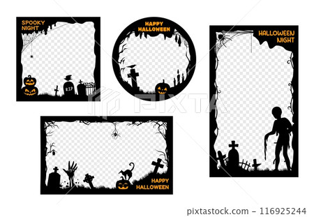 Halloween social media post frame templates. Autumn scary festive fall season horror celebration vector borders. Happy Halloween holiday social media post frames with zombie, cemetery and pumpkins 116925244