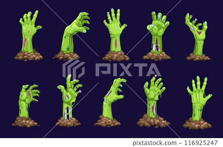 Cartoon zombie hand for Halloween, dead monster arms from grave, vector horror holiday icons. Zombie hands on evil cemetery, scary green bones and fingers of undead corpse on creepy graveyard 116925247