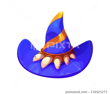 Halloween holiday witch hat. Isolated cartoon vector vibrant blue wizard cap with orange stripes and claw-like decorations around the brim. spooky and playful headwear for halloween and fantasy party Halloween holiday witch hat. Isolated cartoon vector vibrant blue wizard cap with orange stripes and claw-like decorations around the brim. spooky and playful headwear for halloween and fantasy party 116925271