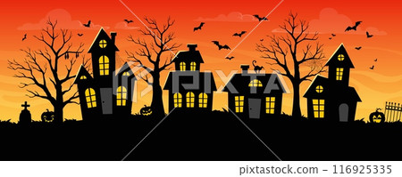 Halloween abandoned town, building silhouettes, danger pumpkins and flying bats at sunset sky vector background. Halloween trick or treat holiday spooky street with horror houses, creepy cemetery, cat 116925335