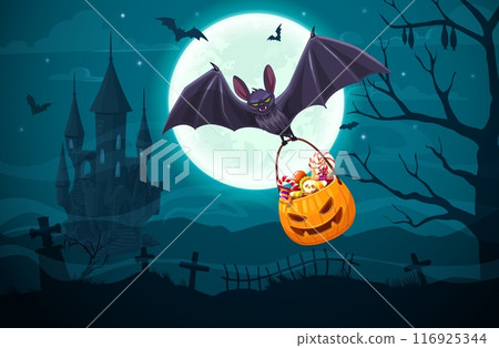 Flying bat with Halloween sweets bucket, vector Halloween holiday. Cartoon bat carrying pumpkin with trick or treat candies in dark night sky with full moon, creepy midnight cemetery and haunted house Flying bat with Halloween sweets bucket, vector Halloween holiday. Cartoon bat carrying pumpkin with trick or treat candies in dark night sky with full moon, creepy midnight cemetery and haunted house 116925344