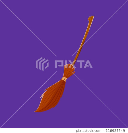 Cartoon Halloween magic witch broom. Isolated vector broomstick with supernatural powers, enables witches to soar through the sky and perform enchanting spells. Symbol of mystical flight and sorcery Cartoon Halloween magic witch broom. Isolated vector broomstick with supernatural powers, enables witches to soar through the sky and perform enchanting spells. Symbol of mystical flight and sorcery 116925349