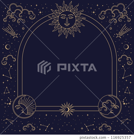 Bohemian astrology frame, mystic tarot border, magic pattern. Vector celestial, mystical, spiritual or astrological background with boho style sun, moon and stars constellations, clouds and comets 116925357