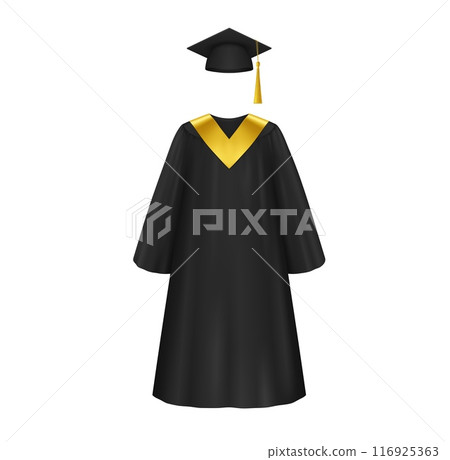 Graduation gown and cap. Isolated realistic 3d vector apparel for degree ceremony in the University. Black formal robe with golden decor and mortarboard with a tassel symbolizing academic achievement Graduation gown and cap. Isolated realistic 3d vector apparel for degree ceremony in the University. Black formal robe with golden decor and mortarboard with a tassel symbolizing academic achievement 116925363