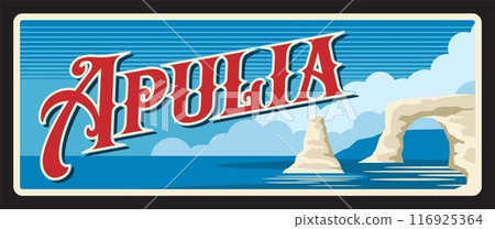 Apulia or Puglia Italian region, Italy country destination for tourism. Vector travel plate, vintage sign, retro postcard design. Old plaque with seascape and rocks, location souvenir signboard Apulia or Puglia Italian region, Italy country destination for tourism. Vector travel plate, vintage sign, retro postcard design. Old plaque with seascape and rocks, location souvenir signboard 116925364