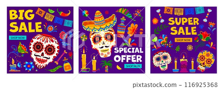 Day of the Dead Dia De Los Muertos mexican holiday big sale, special offer banners set. Vector sugar skull, Mexico Halloween candles, papel picado flags and sombrero, bright color flowers and peppers 116925368