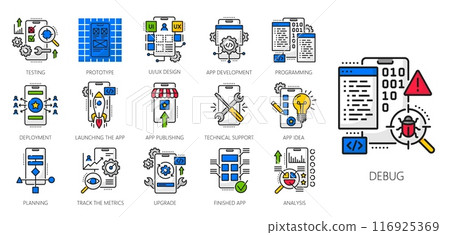 Web app develop and optimization icons. Mobile application coding, software programming, phone and computer ui design color line signs. App idea, analysis, prototype testing, launching and support 116925369