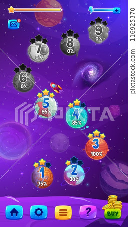 Galaxy space game map screen. Cartoon gui interface with menu, planets, stars, and a rocket ship in starry Universe. Video game or interactive application with levels marked with progress percentages Galaxy space game map screen. Cartoon gui interface with menu, planets, stars, and a rocket ship in starry Universe. Video game or interactive application with levels marked with progress percentages 116925370