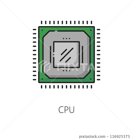 Computer motherboard processor software or video chip line icon. Server or personal computer system hardware driver, application or software product line vector pictogram or icon with processor Computer motherboard processor software or video chip line icon. Server or personal computer system hardware driver, application or software product line vector pictogram or icon with processor 116925373