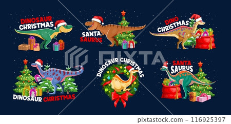 Christmas dinosaur greetings. Vector set of cartoon dino celebrating xmas holiday. Dinosaur animals wear santa hats and surrounded by decorated trees, presents and decorations with festive messages 116925397