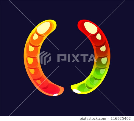 Cartoon round brackets jelly worm candy and confectionery alphabet, sweets typeface, font, type. Isolated vector pair of parentheses punctuation typography symbol as jellybean earthworms Cartoon round brackets jelly worm candy and confectionery alphabet, sweets typeface, font, type. Isolated vector pair of parentheses punctuation typography symbol as jellybean earthworms 116925402