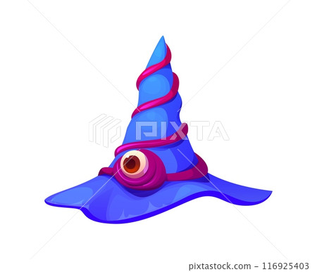 Cartoon Halloween witch hat with horror monster eyeball. Vector magic hat or cap of evil wizard, magician, witch or hag. Halloween holiday trick or treat night party spooky costume element Cartoon Halloween witch hat with horror monster eyeball. Vector magic hat or cap of evil wizard, magician, witch or hag. Halloween holiday trick or treat night party spooky costume element 116925403