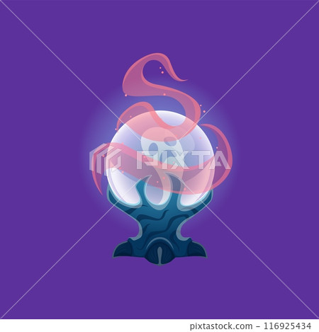 Cartoon Halloween magic ball. Isolated vector crystal globe of fortune teller, oracle and wizard. Paranormal glass sphere, glowing orb with magical lights, mystery glow, occult glass for prediction Cartoon Halloween magic ball. Isolated vector crystal globe of fortune teller, oracle and wizard. Paranormal glass sphere, glowing orb with magical lights, mystery glow, occult glass for prediction 116925434