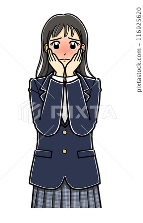 A high school girl in a blazer blushing with both hands on her cheeks (upper body) 116925620