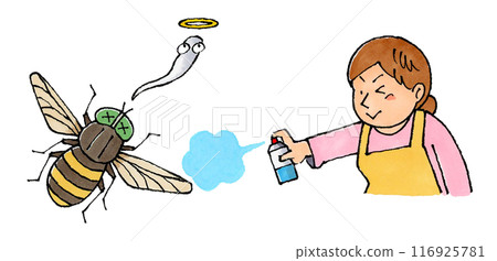 A housewife uses insecticide on horseflies 116925781