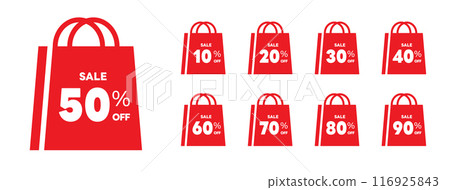 Sale tags set vector badges template, up to 10, 20, 30, 40, 50, 60, 70, 90, 80 percent off, vector illustration isolated on white background. Price off tag icon flat design collection set. Up to Sale tags set vector badges template, up to 10, 20, 30, 40, 50, 60, 70, 90, 80 percent off, vector illustration isolated on white background. Price off tag icon flat design collection set. Up to 116925843