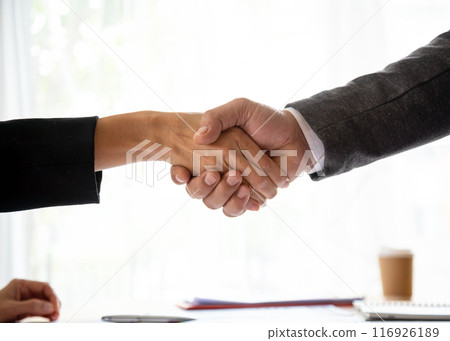 Close-up of handshake between two business professionals, symbolizing agreement, partnership, and successful negotiation 116926189